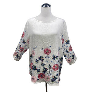 Ana & Rose Anthro White Blouse Pink Embroidered Flowers Boho 3/4 Sleeves Large